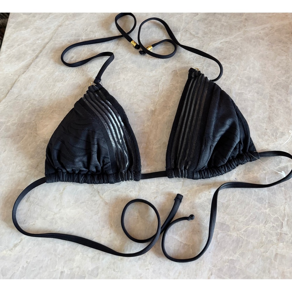 NWOT Trina Turk Black Textured Triangle Bikini Top Mesh Stripe Sample Size 6